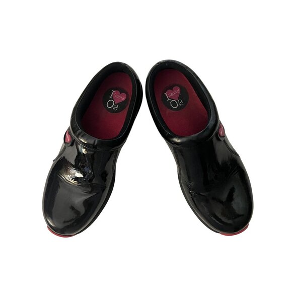Sanita O2 Womens Black Patent Leather Slip-On Clogs With Red Soles - Picture 2 of 7